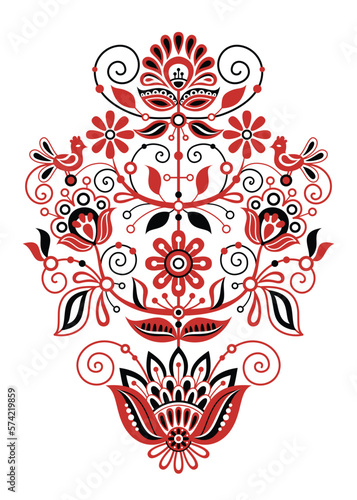 The Tree of Life Inspired by Ukrainian Traditional Embroidery. Ethnic Floral Motif, Handmade Craft Art. Traditional Ukrainian Red and Black Embroidery. Single Design Element. Vector Illustration