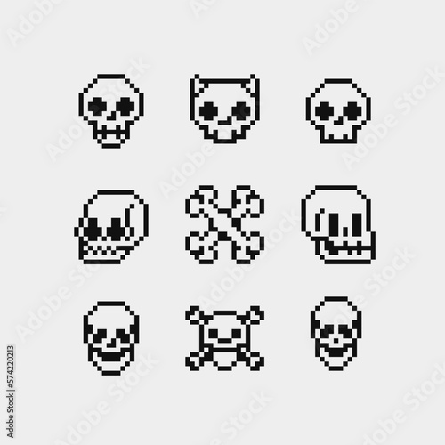 Bones pixel art icons, skull character. Design for logo game, Halloween greeting card, sticker, web, mobile app, badges and patches. Isolated vector illustration. Game assets. 