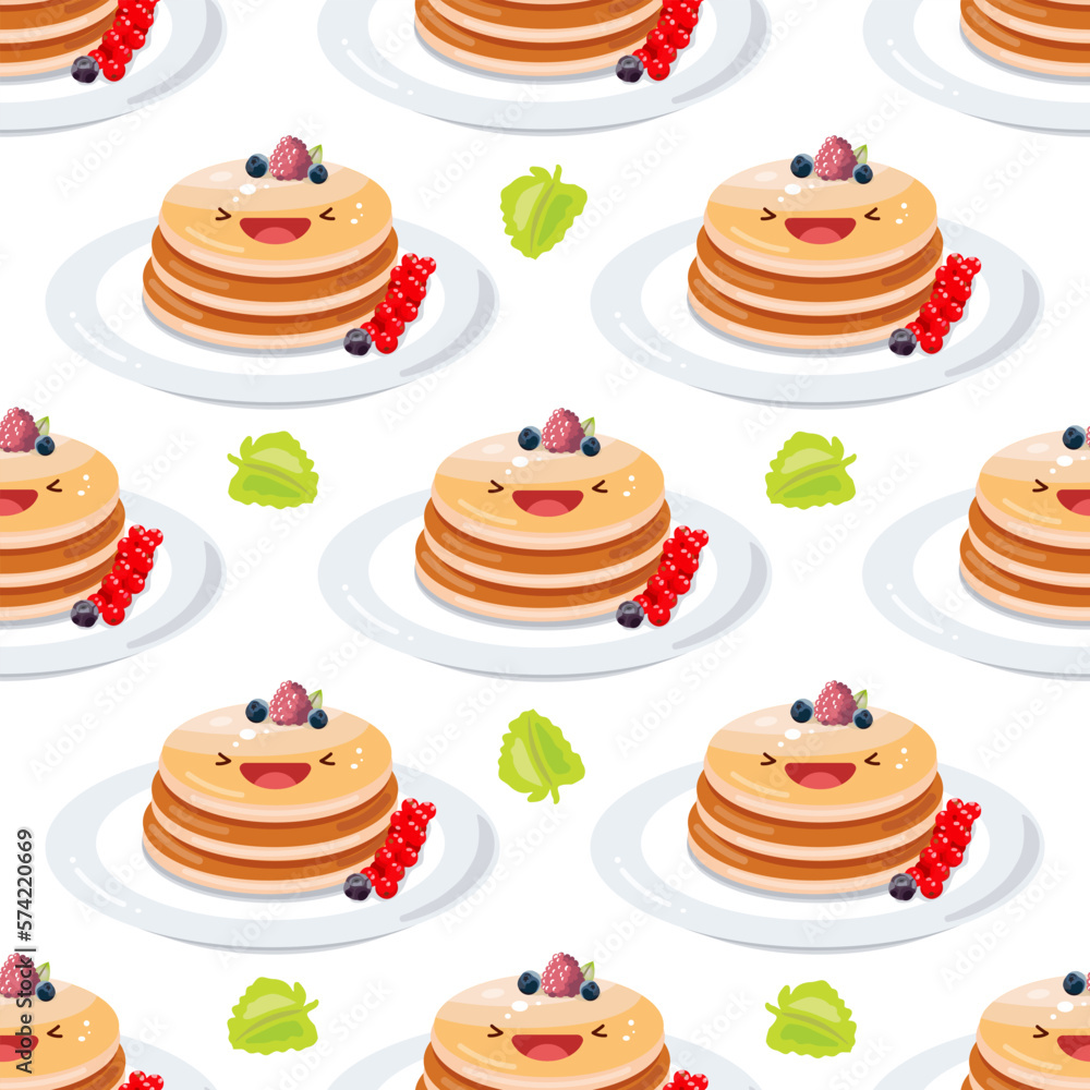 Cute pancakes seamless pattern. Vector illustration. Food icon concept. Flat cartoon style.. Cute pancakes seamless pattern. Vector illustration. Food icon concept. Flat cartoon style..