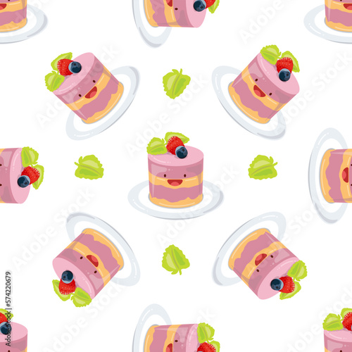 Cute cake, pastry, soufflé with berry top seamless pattern. Vector illustration. Food icon concept. Flat cartoon style..