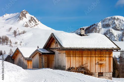 Chalet a Valfreda e Fuciade in Val di Fassa e Val Falcade, Trentino, Dolomiti, alpi italiane. photo