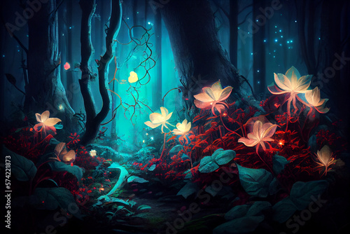 Fantasy forest at night. magic luminous flowers in fairy