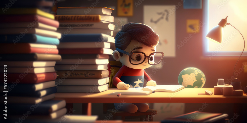 Child reading a book. Cartoon school student studying sitting on desk. Generative AI Child reading a book. Cartoon school student studying sitting on desk. Generative AI