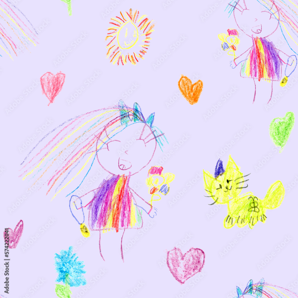 Seamless Pattern With Colored Kid's Crayon Hand Drawn Cat, Girl, Sun and Heart Seamless Pattern With Colored Kid's Crayon Hand Drawn Cat, Girl, Sun and Heart
