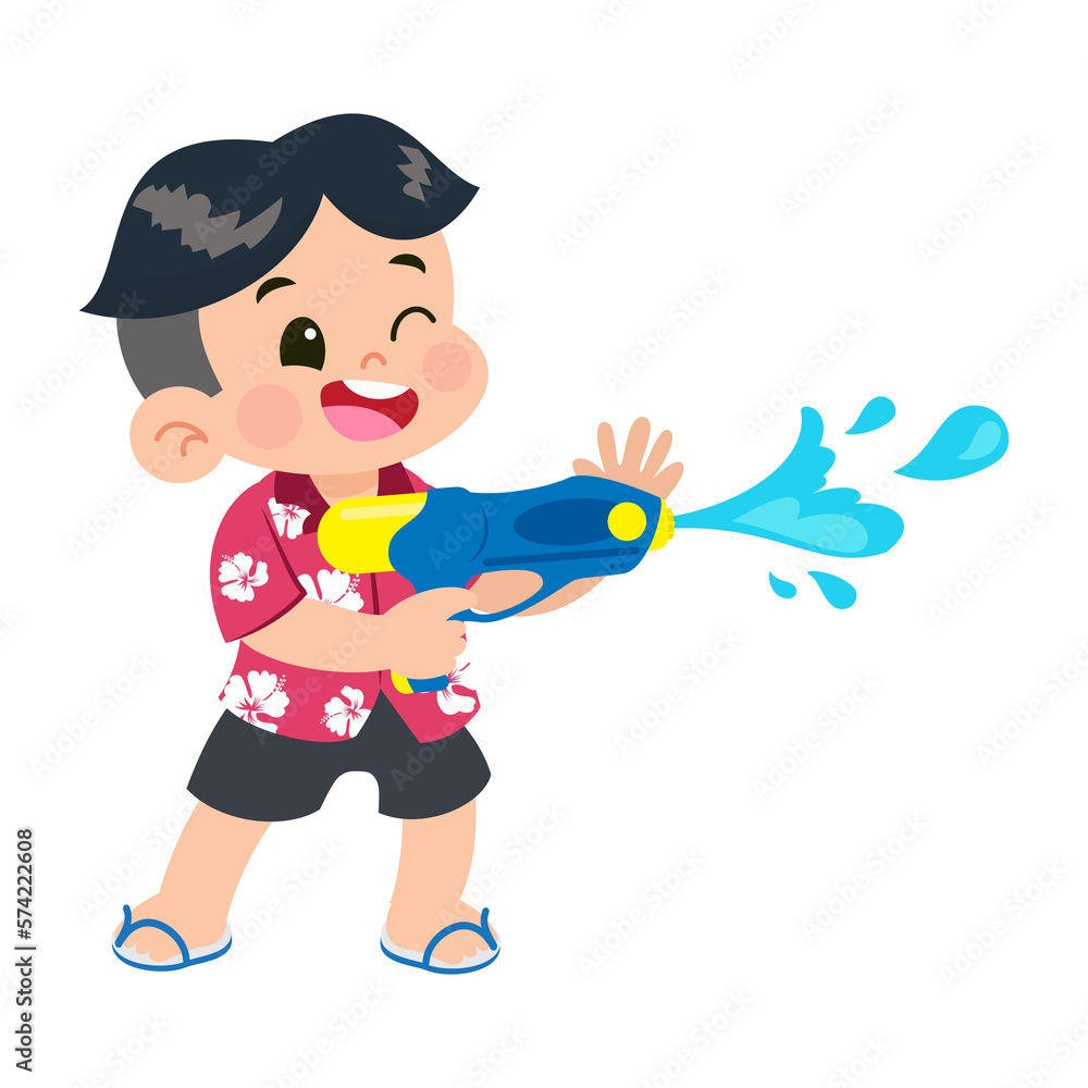 Songkran festival illustration. Boy enjoy playing water gun isolated on transparent background. PNG file Songkran festival illustration. Boy enjoy playing water gun isolated on transparent background. PNG file