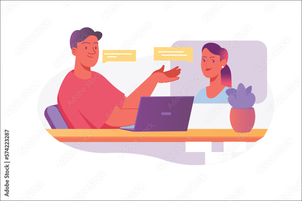 Asian concept Video conference with people scene in the flat cartoon style. Business man with his colleague discuss different issues on the video conference. Vector illustration.