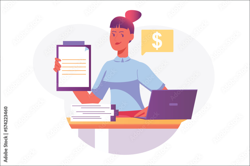 Asian concept Business plan with people scene in the flat cartoon design. Business woman make a business plan for a further time. Vector illustration.