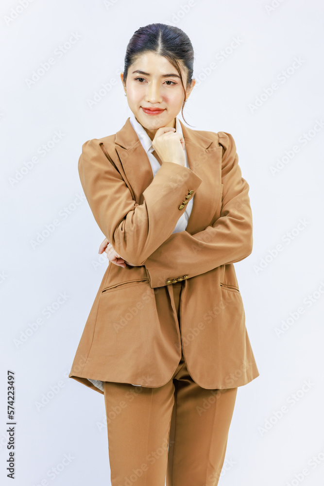 Portrait shot of happy asian beautiful businesswoman working in formal business suit standing posing smiling isolated over white background Portrait shot of happy asian beautiful businesswoman working in formal business suit standing posing smiling isolated over white background
