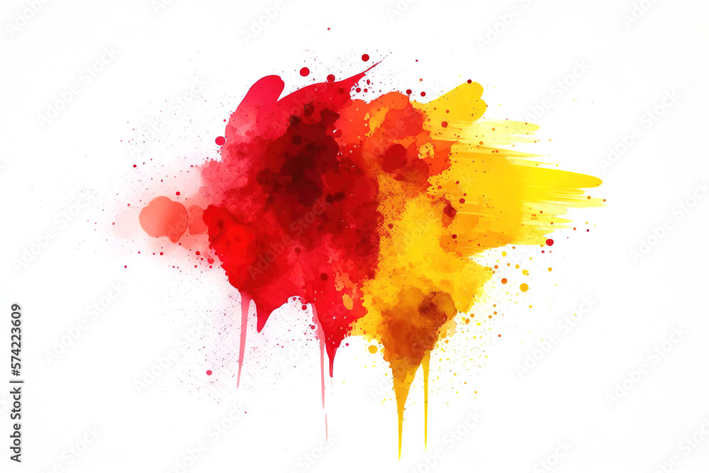 Fototapeta premium Watercolor Paint Powder Splat Yellow Red Explosive blob drip splodge spot Mark With an Explosion of Color, Movement and Artistic Flair Illustration Fun, Expressive