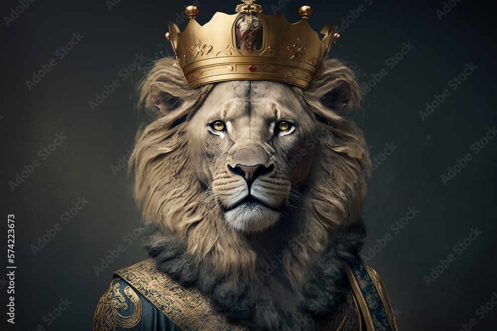 Portrait of a lion with a crown dressed in a formal business suit, lion king, generative ai