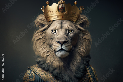 Portrait of a lion with a crown dressed in a formal business suit, lion king, generative ai