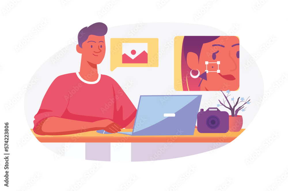 Asian concept Photo studio with people scene in the flat cartoon style. Photographer edits client's photo in his studio. Vector illustration. Asian concept Photo studio with people scene in the flat cartoon style. Photographer edits client's photo in his studio. Vector illustration.