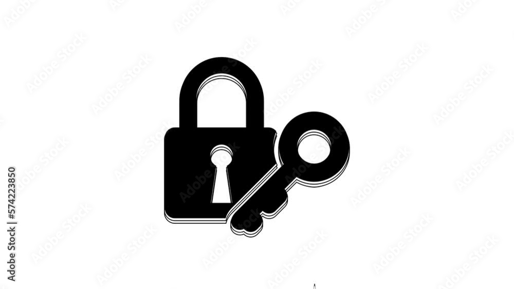 Black Lock and key icon isolated on white background. Padlock sign. Security, safety, protection, privacy concept. 4K Video motion graphic animation Black Lock and key icon isolated on white background. Padlock sign. Security, safety, protection, privacy concept. 4K Video motion graphic animation