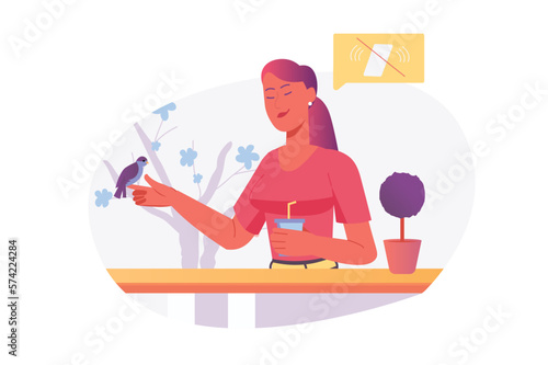 Digital detox Asian concept with people scene in the flat cartoon design. Woman decided take a break from digital gadgets and be closer to nature. Vector illustration.