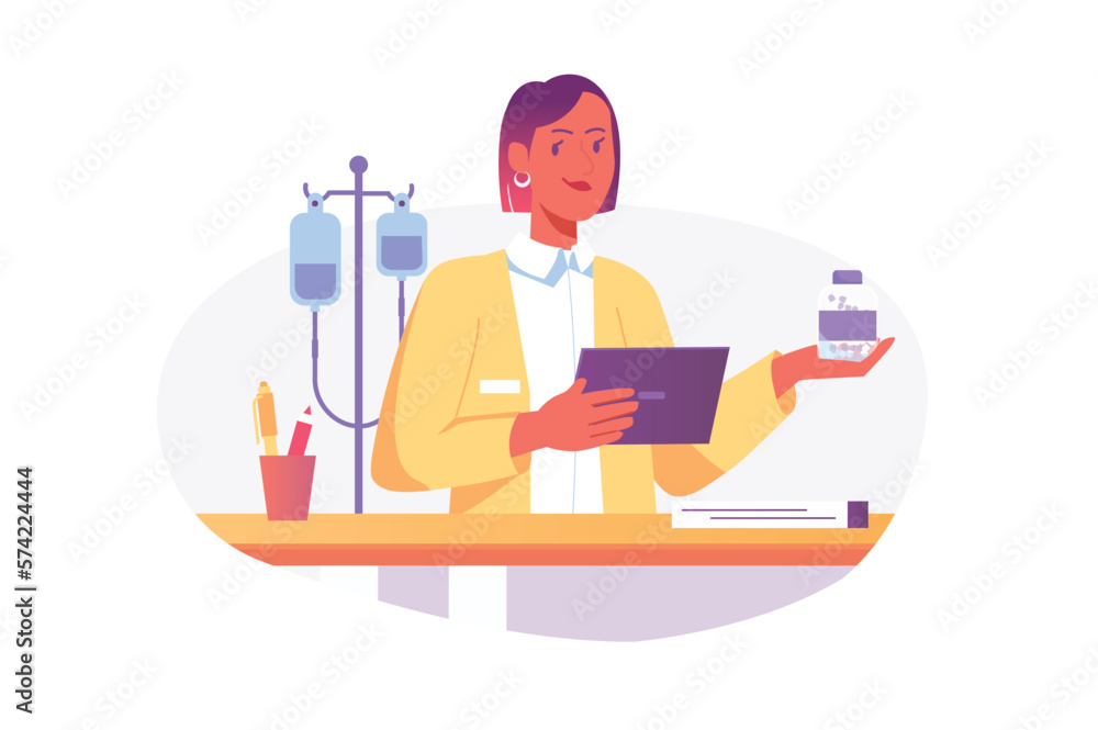 Medicine Asian concept with people scene in the flat cartoon style. Doctor examines new medicines and studies their instructions. Vector illustration.