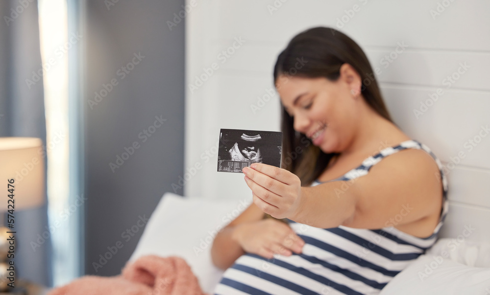 Pregnant, and ultrasound in hand for baby development or growth. Happy person show baby scan photograph for gynecology, pregnancy update and health or wellness with sonogram in home bedroom Stock Photo