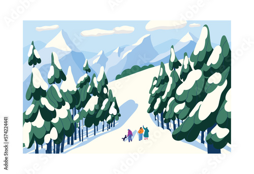 Winter landscape, people and dog walking in snowy forest on holiday. Friends strolling in frost, cold weather among trees covered with snow. Wintertime nature scenery. Flat vector illustration