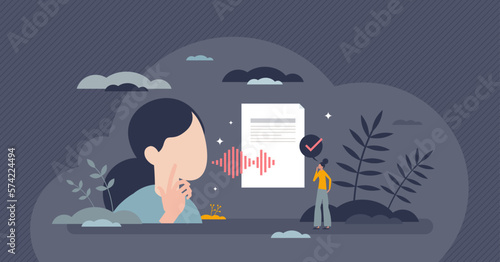 AI transcription software as speech into text transcript tiny person concept. Talking language conversion to written document with automatic artificial intelligent technology vector illustration. photo