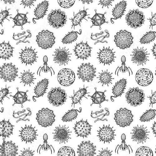 Viruses seamless patten. Scientific hand drawn vector illustration in sketch style. Microscopic microorganisms