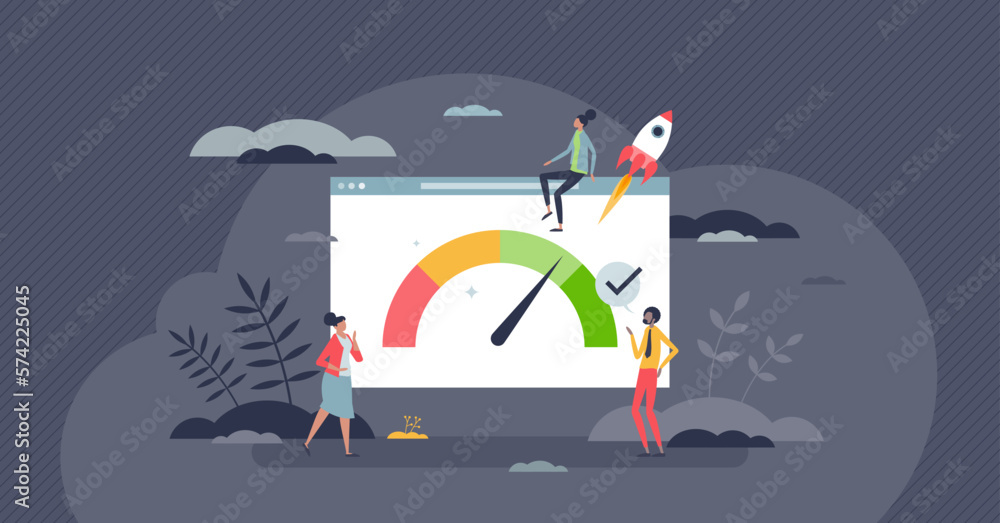 Naklejka premium Page speed and fast website data exchange optimization tiny person concept. Effective browser content download with mbps analytics vector illustration. Digital online website connection measurement.