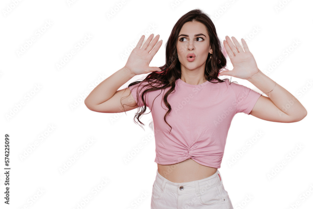 Excited brunette caucasian girl in casual surprised by gossip about Black Friday, sale, discount standing against transparent background. Shopaholic female rising hands in disbelief. Great news. Excited brunette caucasian girl in casual surprised by gossip about Black Friday, sale, discount standing against transparent background. Shopaholic female rising hands in disbelief. Great news.