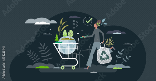 Eco consumer as responsible customer with green lifestyle tiny person concept. Zero waste choices to save planet water and resources vector illustration. Ecological and biological shopping in market.