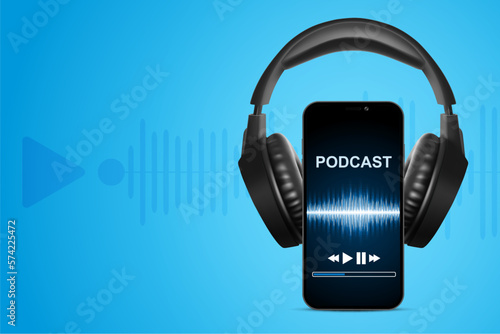 Wireless headphones with smartphone. Online music, radio, listening to podcasts, audio books - concept. EPS10 vector