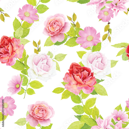 floral ornament with lily and roses illustration seamless pattern