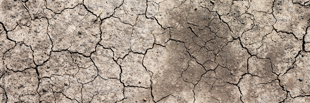 Texture of cracked dried soil. Dry ground with cracks. Brown rough surface of the soil during summer drought. Wide panoramic background for design. Ecology, climate change and global warming on Earth. Texture of cracked dried soil. Dry ground with cracks. Brown rough surface of the soil during summer drought. Wide panoramic background for design. Ecology, climate change and global warming on Earth.