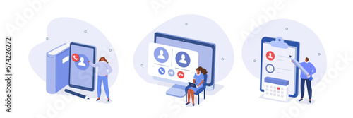 Meeting planning illustration set. Characters organizing team video conference or call, developing agenda topics for productive discussion. Business concept. Vector illustration.