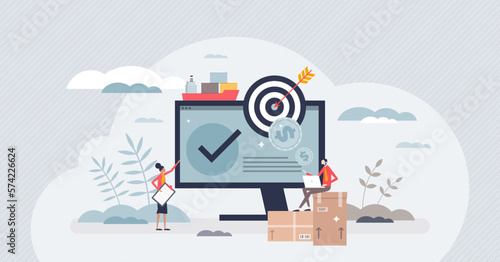 Procurement process as purchase price or shipping control tiny person concept. Supplier contracting and supply chain management for effective product flow vector illustration. Price negotiation deal.