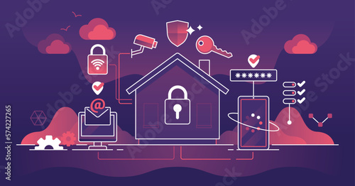 Smart home security using remote camera protection dark outline concept. Autonomous technology usage for house key lock and CCTV camera vector illustration. Modern property with alarm IOT sensors.