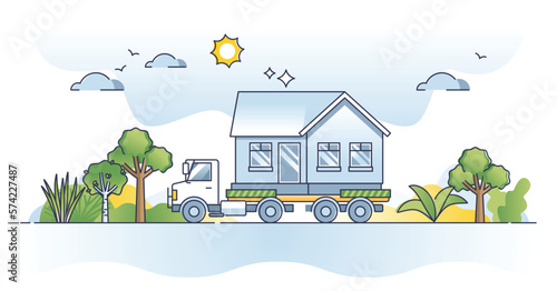 Prefabricated homes and house from assembled prefab panels outline concept. Real estate model moving with truck vector illustration. Temporary modular cabin as simple, affordable and mobile property.