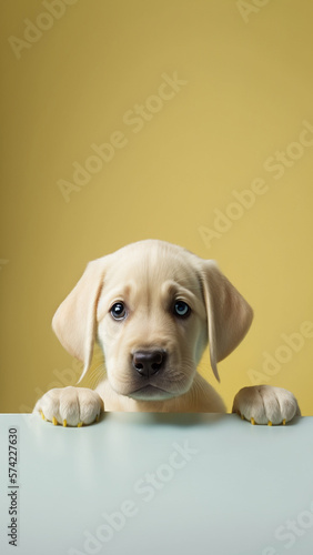 A cute labrador retriever peering over a table with large empty background. generative ai