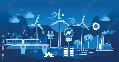 Clean energy usage for sustainable urban transportation and infrastructure dark outline concept. Ecological method with electricity production from solar panels and wind turbines vector illustration.