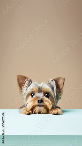 A cute yorkhire terrier puppy peering over a table with large empty background. generative ai photo