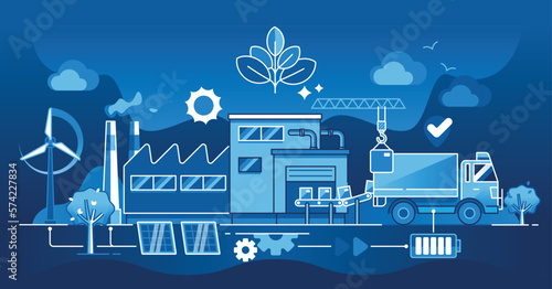 Green manufacturing and nature friendly, eco factory dark outline concept. Sustainable and ecological production with renewable solar or wind energy usage vector illustration. Modern conveyer belt.