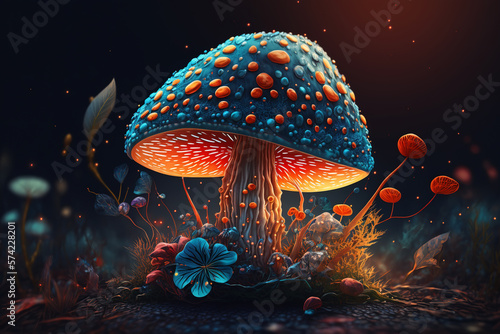 Beautiful fabulous fantastic mushroom and flowers in a mysterious night forest, close-up. Generative AI