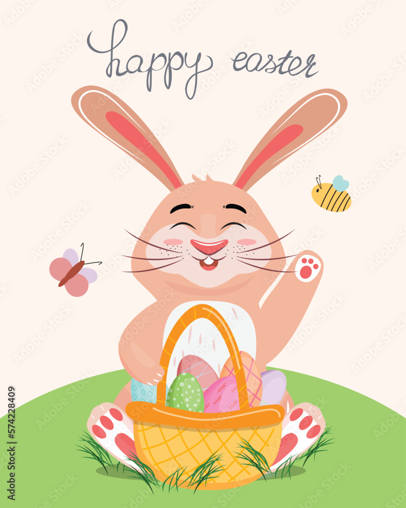 Holiday card design for Easter with a cute bunny and basket filled by the painted eggs. Holiday card design for Easter with a cute bunny and basket filled by the painted eggs.