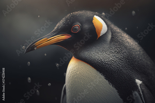 Portrait of a penguin, Antarctic flightless seabird outdoors on rainy day. Generative AI