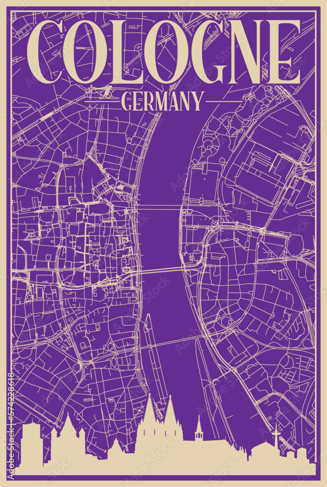 Fototapeta premium Purple hand-drawn framed poster of the downtown COLOGNE, GERMANY with highlighted vintage city skyline and lettering