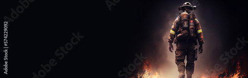 Fireman wearing firefighter turnouts and helmet. Dark background with smoke and blue light created with Generative Ai.
