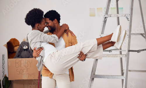 Love, lifting or happy couple in home renovation, diy or house remodel together by apartment ladder. African lovers, partnership or black man with pregnant woman excited about baby or family property