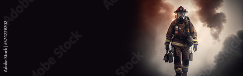 Fireman wearing firefighter turnouts and helmet. Dark background with smoke and blue light created with Generative Ai. photo