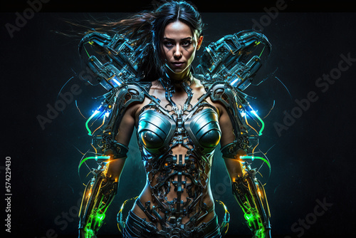 Female warrior wearing armor,ready for battle,on a dark background. Generative AI. © Gassenee