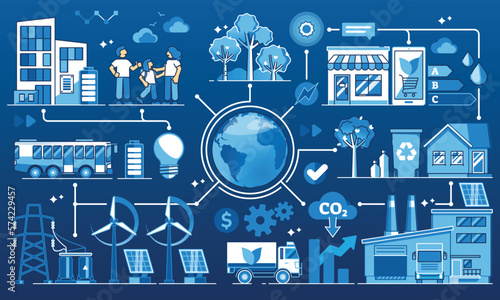 Sustainable supply chain as green energy for shipping dark outline concept. Using alternative and renewable resources for manufacturing, export distribution and transportation vector illustration.