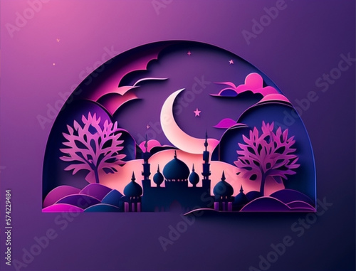 Ramadan illustration with beautiful papercut moon in the night with soft color