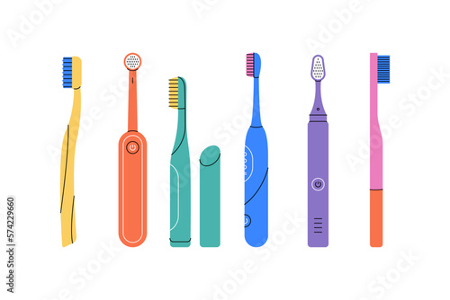 Cartoon toothbrush set. Mouth cleaning tools, dental care equipment, teeth protection hygiene concept. Vector collection