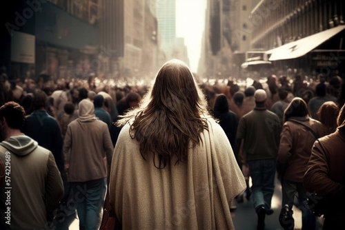 Jesus walking in a modern city with back view among the crowds. Generative AI illustration