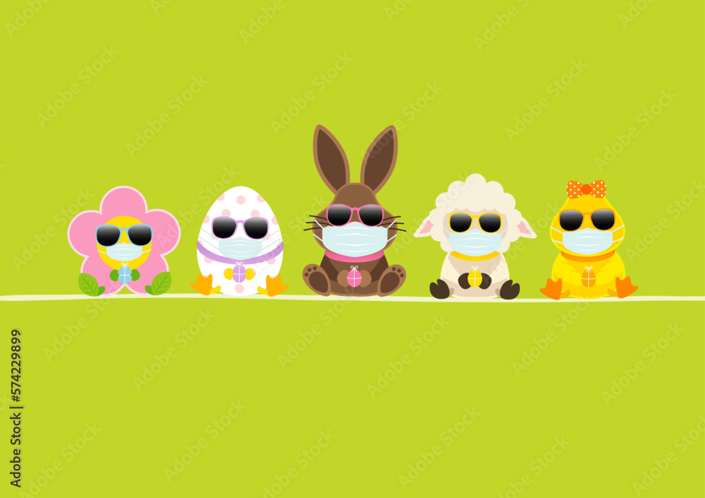 Fototapeta premium Karte Osterhase & Freunde Mit Ente Maske Sonnenbrille Grün